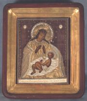 Icono, Virgen con nio con perlas y bordados con caja de madera. 029 x 026
