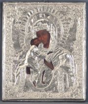 Icono ruso, Virgen con el Nio, montura de plata.