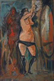 COGORNO, Desnudos ante el espejo, leo firmado Santiago Cogorno. 60 x 90 cm.