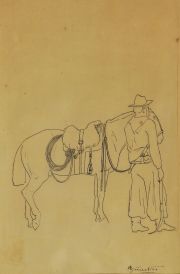 Giraldes, Alberto 'Gaucho y caballo', dibujo a la tinta de 24 x 18 cm