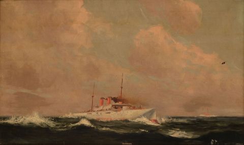 LARRAVIDE, Manuel. Crucero en alta mar, leo, Mide: 33 x 52 cm., marco, averias y faltantes