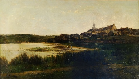 Allonge, Auguste 'Paisaje lacustre con aldea con iglesia detrs', leo sobre tela fdo. Avs.