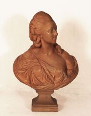 Busto de M. La Comtesse Du Barry, tomada de Pajou, terracota patinada. Saltadura. Algunas averas. alto: 70 cm.