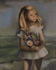 Lydis, Mariette, 'Nia con flores', oleo de 41 x 33 cm.