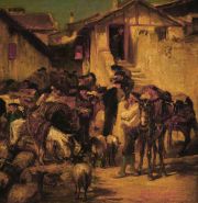 BALDOMERO GALOFRE Y GIMENEZ, FERIA, leo de 63 x 118 cm.c/factura de compra Gal. Velazquez ao 1958