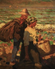PLA y RUBIO, Alberto (1867-1937). Pescadores, leo fdo. Al dorso inscripcin Pescadores estudios.  76 x 60 cm.