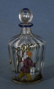Perfumero vidrio con decoracin oriental , fdo. Peq. cachadura en el tapon, con estuche.