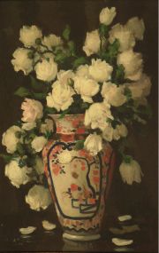 STEFANONNI, Francesco. Vaso con flores. leo, marco dorado.