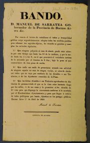 Bando del Gdor. de Bs.As. D. Manuel de Sarratea para restablecer el orden pblico. Imprenta de Alvarez 1820.