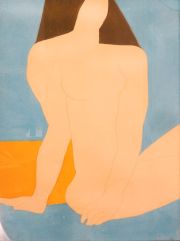 KWASNIEWSKA, Barbara, Desnudo con fondo celeste, amarillo Num 19/75 litografia. Averas en vidrio.