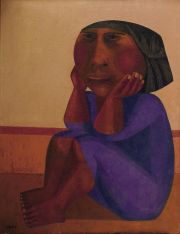 DIZ , JUANA E. Figura sentada con vestido azul', leo sobre tela, fdo. 111 x 65 cm.