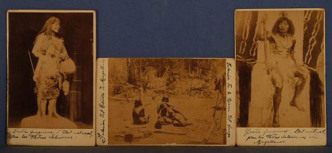 Albminas: Indias Peinndose, Indio e India, 3 albminas de 10 x 14 cm. realizadas por los Padres Salesianos, Circa 1880
