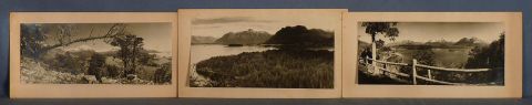 Fotos panormicas Bariloche:'Lago Moreno y Nahuel Huapi', 'Isla Victoria' (dos) y 'Bosque de Arrayanes'. de 12 x 23,5cm.