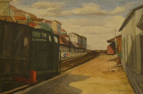 Schiavone, A. 'El paso del tren', acuarela 24 x 32,5 cm.