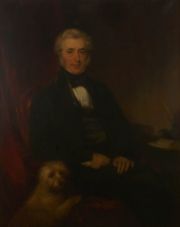 Smith A. Retrato de Personaje masculino sentado con su perro, leo sobre tela firmado. .Peq. avs en la tela