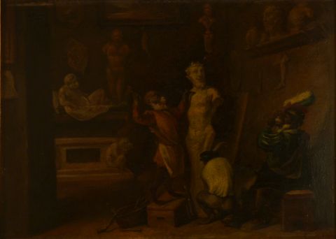 Estrada A.Cuatro Escenas con monos representando temas de pintores, etc, leo sobre cobre, firmados..