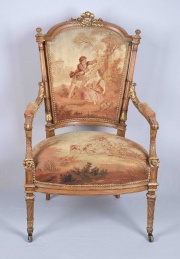 Juego de sala estilo Luis XVI, tapizado aubusson. Sof, 2 sillones y 2 sillas. Averas. Averas -164-