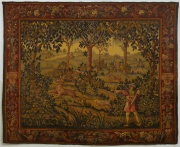 Tapiz Caceria del Ciervo, Representa un arquero en un paisaje, guarda de motivos vegetales. 182 x 222 cm