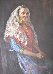 Mujer con mantilla, leo grande, firma ilegible, Napoli 1928.