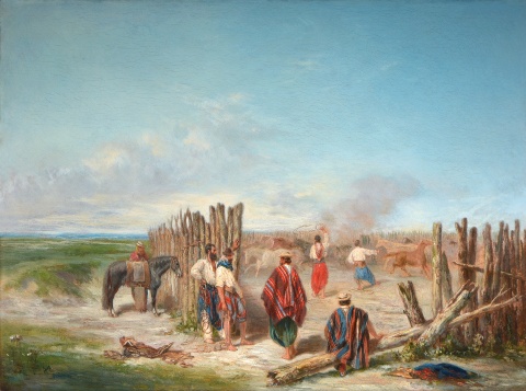 PALLIERE, Juan Len, 'Corral de Palo a Pique, leo sobre tabla. 40 x 61,5 cm.