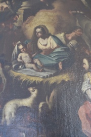 Natividad del Señor, óleo anónimo de Escuela Italiana. Sin enmarcar. Deterioros. 100 x 75 cm.