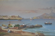 Vista de Nápoles y el Vesubio, gouache firmada. A. Coppola. Mide: 22 x 37 cm.