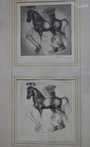 Caballo y Personaje, dos grabados en un marco, firmado Kokocinski. Miden cada uno: 16 x 16 cm.