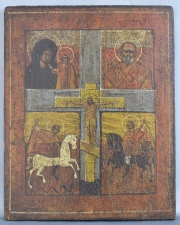 Cristo en la Cruz y Santos, Ícono sobre madera. Mide: 30 x 24 cm.