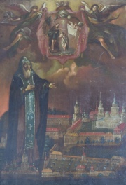 Icono ruso: San Nil Stolobensky y alegoría del Bautismo de Cristo, sobre madera. Al dorso tiros de polilla. Siglo XIX.