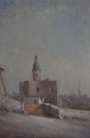 Casa con Torre, óleo sobre tela, firmado Geberb en forma semilegible. Mide: 35 x 24 cm.