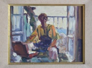 J. Sebastian STILL pintando en el atelier, óleo de Ricardo Cavallo. 19 x 24 cm.