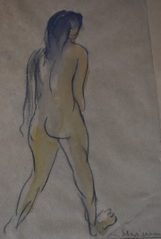 Desnudo femenino, dibujo al lápiz y acuarela firmado M. Schwimmer abajo a la derecha. Mide: 32 x 22 cm.