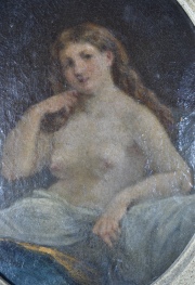 Desnudo sentado, óleo oval sin firma. 24 x 18 cm.