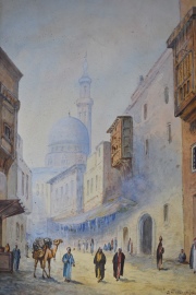 CALLE DEL CAIRO CON PERSONAJES, acuarela firmada A. Marchettini, Cairo. Mide: 45 x 31 cm. Sin enmarcar.