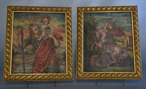 San Cristóbal y San Jorge, dos cuadros religiosos. Miden: 25 x 21 cm. -235