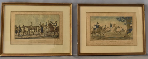 Cuatro grabados franceses de personajes y caballos. Manchas. Miden: 20 x 32 cm. -120