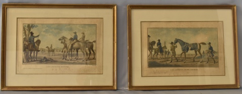 Cuatro grabados franceses de personajes y caballos. Manchas. Miden: 20 x 32 cm. -120