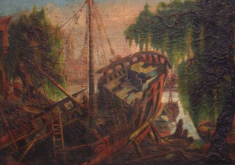 PERUZOVICH, Rodolfo 1931 'Barco en el astillero', óleo
