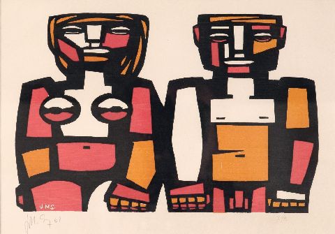 Sanchez, Muan M. Personajes, xilografíe en colores, 1967, 23 x 33