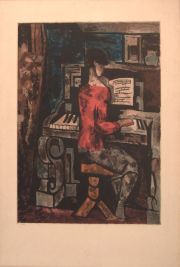 VILLON - Grommaire, La Femme au Piano, aguatinta en colores