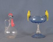 Piezas murano, jarra con tapón en forma de ave y recipiente c/ 2 aves, averias