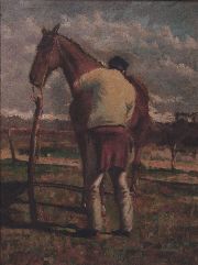 Vidal Barros, Ensillando, óleo  60 x 80 cm