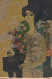 Mujer con flores, grabado en colores