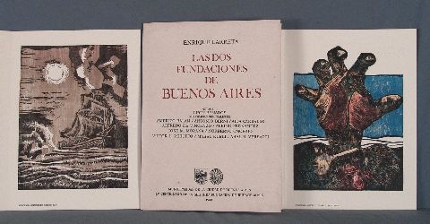 Larreta, las dos fundadores de Buenos Aires, carpeta con xilografias