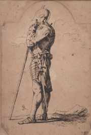 Rosa, Salvator. Soldado, aguafuerte c. 1690, con referencia al dorso