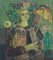 VENIER, Bruno. Mujer con sombrilla, óleo sobre hardboard (61 x 70 cm.)