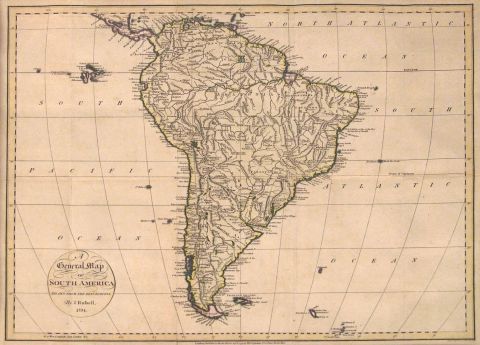 RUSSEL, John: 'A GENERAL MAP OF SOUTH AMERICA DRAWN FROM THE BEST SURVEYS by. J. Rousell, 1794. Londres