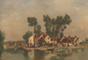 VEYRASSAT, JULES JACQUES . Petit Village, óleo sobre tela. Ex Colección Lernoud, Sur le FLeuve Samoi