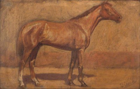 Checa y Sanz, Ulpiano. Figura de caballo, óleo sobre cartón firmado U. Checa abajo a la derecha. 15 x 23 cm.