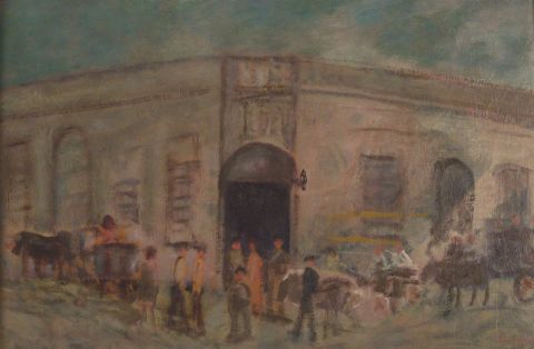 SAIACE, 'Buenos Aires de 1800' - Esquina con personajes, óleo. Con libro de Federico García Romeu: 'Sobre la Obra de